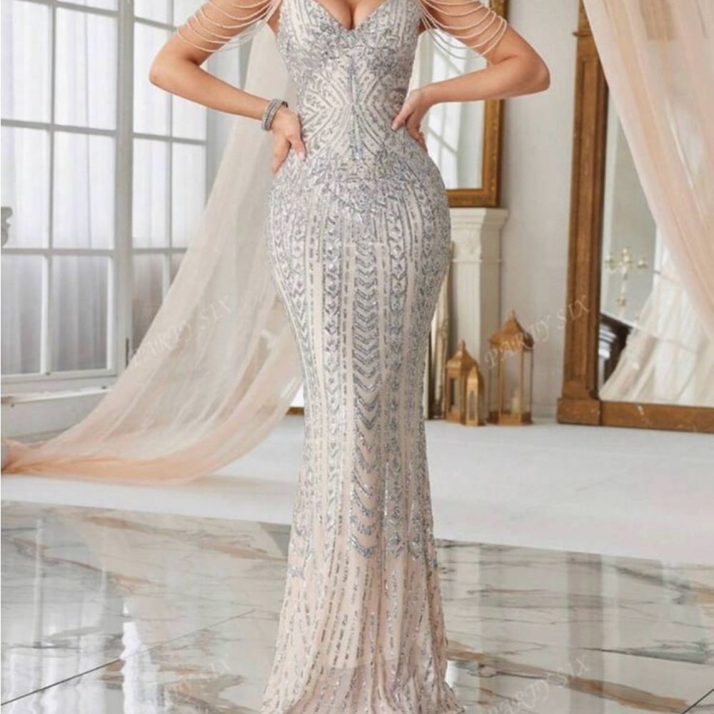 SHEIN Silver and Cream Prom Dress